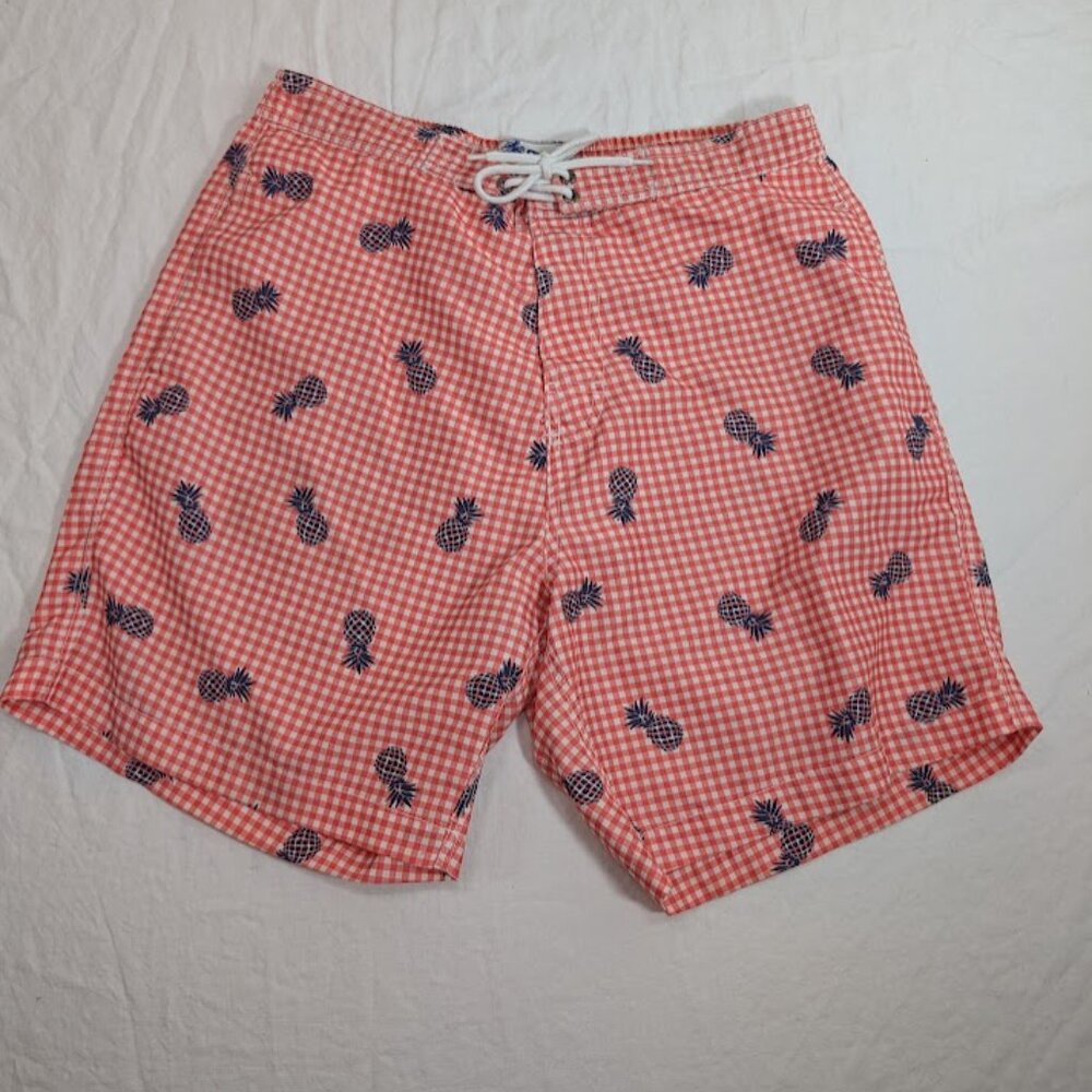 Trunks men's size large red gingham pineapple swim trunks vacation, beach J4